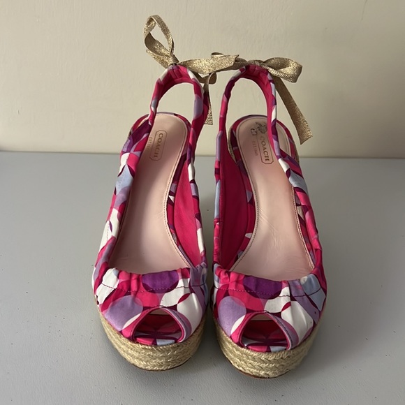 COACH Maritza Espadrille Platform Wedge Peep Toe Pink Canvas Heeled Sandals - Picture 4 of 12